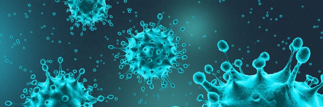 Coronavirus disease COVID-19 outbreak. Microscopic view of a infectious virus. Group of SARS-CoV-2 omicron virus cells. 3D Rendering