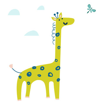 Cute cartoon giraffe vector illustration. Hand drawn wild animal.