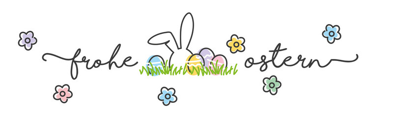 Happy Easter German language handwritten typography lettering text line design colorful bunny eggs grass white greeting card