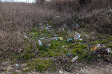 Garbage in forest. People illegally thrown garbage into forest. Concept of man and nature. Illegal...