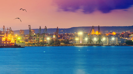 Coastal landscape - view of the evening Port of Varna on the Black Sea coast of Bulgaria