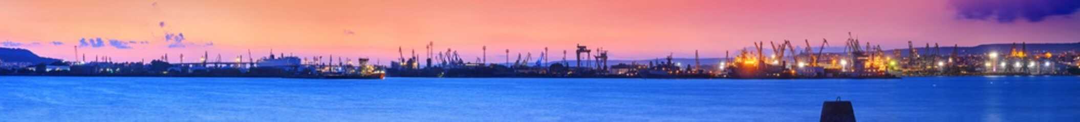 Coastal landscape, large panorama - view of the evening Port of Varna on the Black Sea coast of Bulgaria