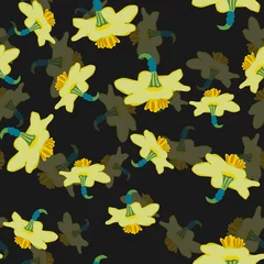 Schilderijen op glas Daffodils volume effect seamless pattern on black background © Nata_Prando