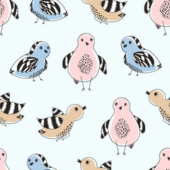 Cute pattern with color hand drawn doodle birds. Tender cartoon black outline bird with colorful stains for kids textile, print design, wallpaper, background, wrapping paper