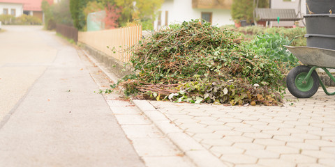 Garden waste from cutting shrubs and plants. Standing by the road and waiting to be picked up....