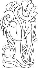 Girl's face with flowers in her hair. Outline. Doodle drawing for design postcards, covers, prints. Vector illustration.