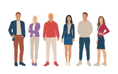 Obraz premium Set of men and women, different colors, cartoon character, group of silhouettes standing business people, flat icon design concept isolated on white background