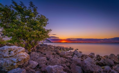beautiful city sunset miami florida buildings boats sea ocean water panorama landscape sky skyscraper silhouette downtown dusk panoramic blue orange © Alberto GV PHOTOGRAP