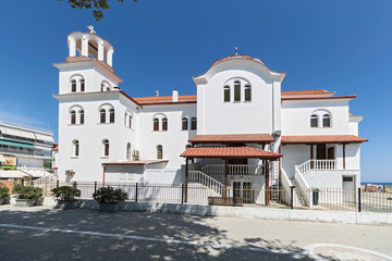 View of St. Fotini Church in Greece - Paralia. Famous places in the Olympic riviera.