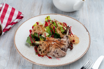 Warm fine gourmet salad with sous vide rabbit meat and lotus root chips