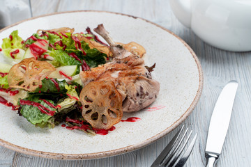 Warm fine gourmet salad with sous vide rabbit meat and lotus root chips