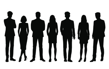 Set of vector silhouettes of  men and a women, a group of standing  business people, black color isolated on white background