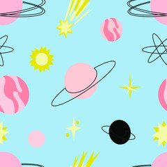 Vector pattern with planets,stars, comets and meteorites on a pastel blue background.Pattern for fabric,invitations, wrapping paper, cards and other material.