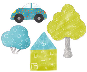 Set cute childish cartoon sweet bright for design polka dot retro car, house, tree, bush isolated on white background autumn green blue