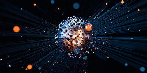 Creative abstract concept of big data or cyber security technology and connection.  Information transfer. 3d illustration