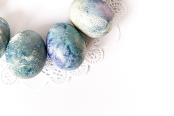 Easter eggs. Colored and decorated Easter Eggs on white background. Easter pattern.
