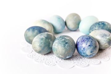 Easter eggs. Colored and decorated Easter Eggs on white background. Easter pattern.