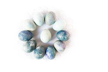 Easter eggs. Colored and decorated Easter Eggs on white background. Easter pattern.