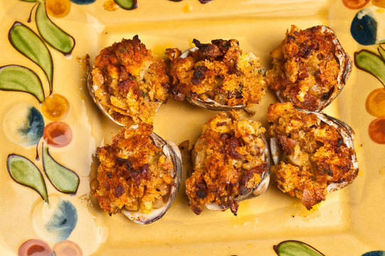 Two Rows Of Three, Freshly Prepared, Clams Casino, On A Square, Yellow Plate