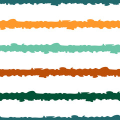 Grunge rough striped vector seamless pattern. Hand painted brush festive, merry striped background. Uneven colorful bars texture. White, yellow, green, brown, mint, emerald streaks.
