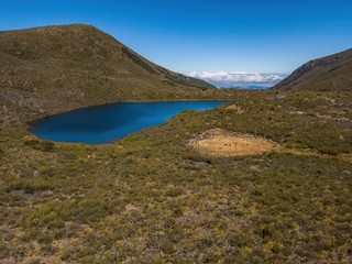 Aerial view of a blue lagoon at Las Morrenas Valley