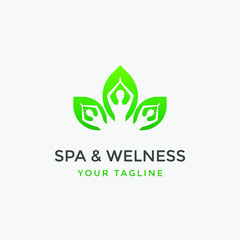 yoga logo design stock. human meditation in lotus flower vector illustration for spa or welness icon