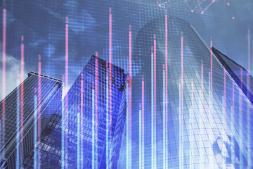 Forex chart on cityscape with skyscrapers wallpaper multi exposure. Financial research concept.