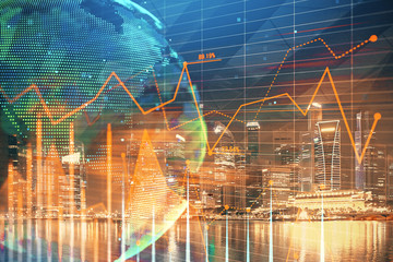 Financial chart on city scape with tall buildings background multi exposure. Analysis concept.