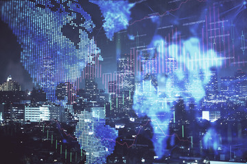 Financial graph on night city scape with tall buildings background multi exposure. Analysis concept.
