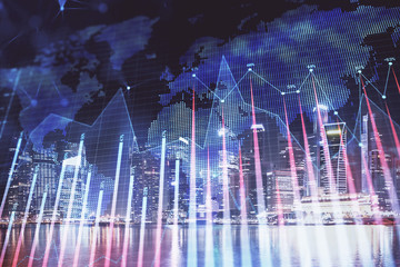 Financial chart on city scape with tall buildings background multi exposure. Analysis concept.