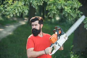 Logging. Firewood as a renewable energy source. Lumberjack in the woods with chainsaw axe.