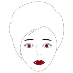 Vector illustration of the face of a vampire girl. Full face. Short pixie haircut. Plump lips, white fangs. In front of my eyes, carnival lenses are red. Face on an isolated background. Idea for book.