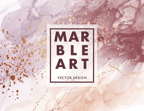 Alcohol ink marble gradient neutral design. Creative coral violet and gold background, watercolor ink texture. Branding modern shape in vector