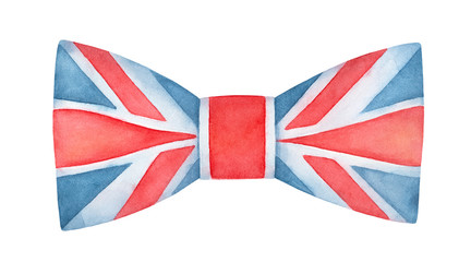 Water color illustration of classic Bow Tie with British flag pattern. Hand painted watercolour graphic drawing, cut out clipart element for creative design, invitation, poster, banner, greeting card.