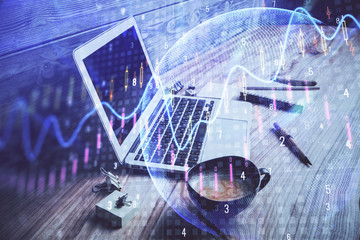 Multi exposure of graph and financial info and work space with computer background. Concept of international online trading.