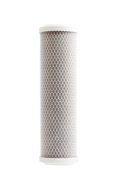 carbon filter for water purification with a mesh structure of fishing line, replaceable cartridge for drinking water purification system isolated on white background.