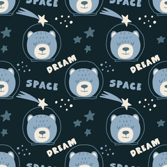 Cute seamless hand drawn pattern with bear cosmonaut, stars, space. Scandinavian style. Vector illustration for kids, nursery, fabric etc