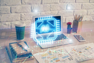 Double exposure of desktop computer and technology theme hologram. Concept of software development.