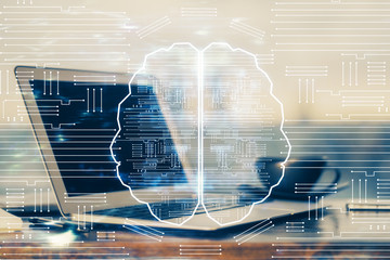 Multi exposure of work space with computer and human brain hologram. Brainstorm concept.