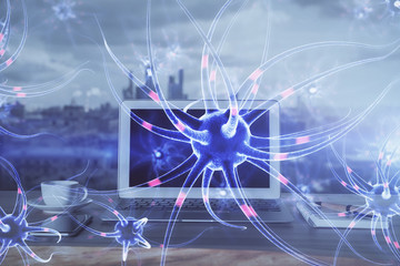 Desktop computer background and neuron drawing. Double exposure. Education concept.