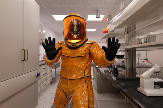 Man In A Biohazard Suit Works In A Biolaboratory 3d Illustration