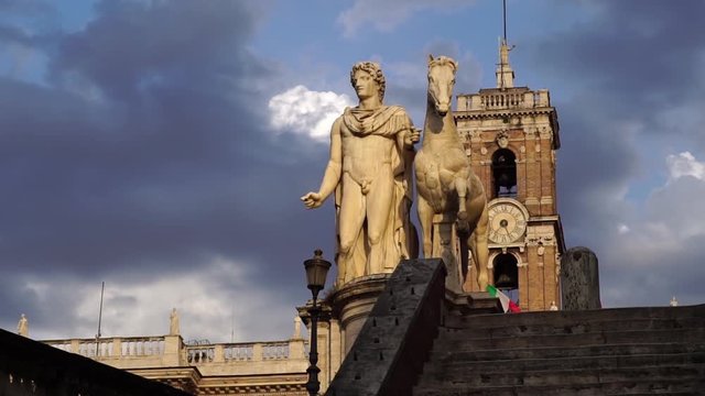 Drone shot low angle. statue Cordonata Capitolina to Campidoglio in Rome. Historic landmark in Rome, Italy. Summer tourism vacation & family travel destination in Europe.