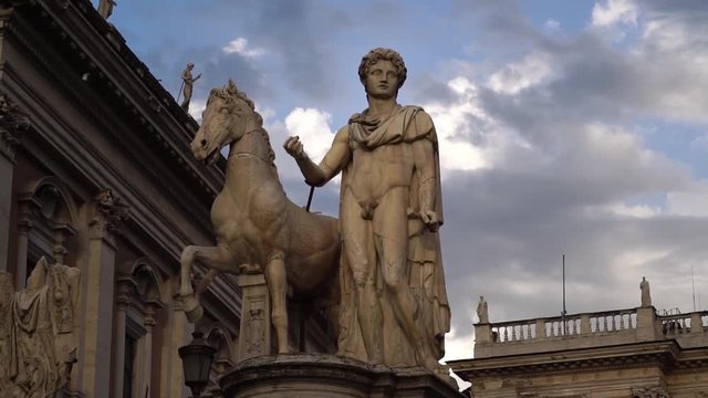 Drone shot low angle. statue Cordonata Capitolina to Campidoglio in Rome. Historic landmark in Rome, Italy. Summer tourism vacation & family travel destination in Europe.
