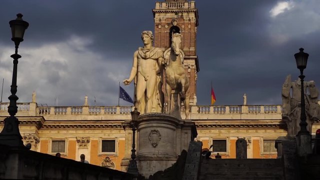 Drone shot low angle. statue Cordonata Capitolina to Campidoglio in Rome. Historic landmark in Rome, Italy. Summer tourism vacation & family travel destination in Europe.