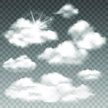 Set of realistic cumulus clouds. Vector isolated images on transparent background