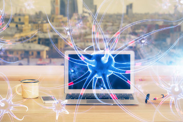 Desktop computer background and neuron drawing. Double exposure. Education concept.