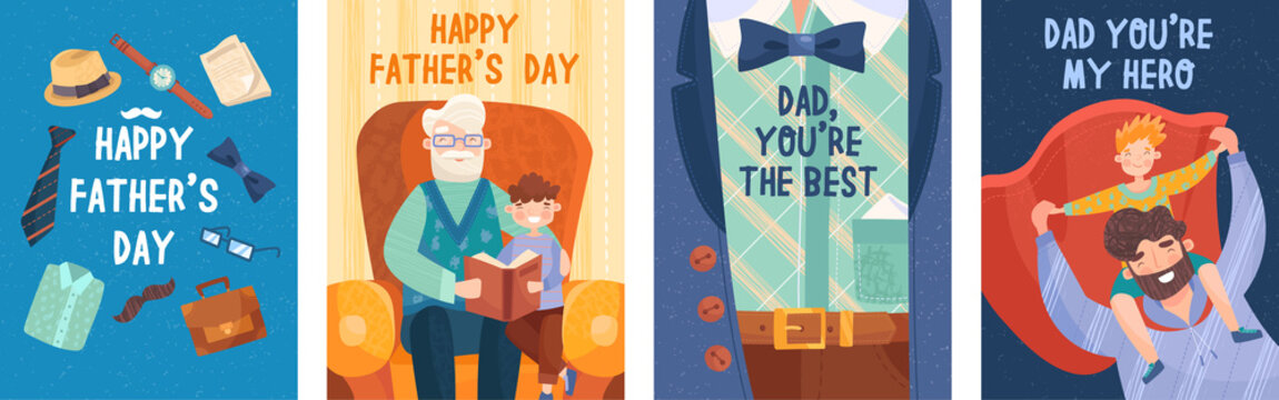 Set of four Fathers Day postcards or posters concept with prescriptions in one design style