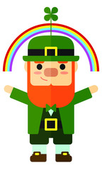 Happy Cute Leprechaun With Four Leaf Clover Holding a Rainbow