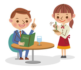 カフェでメニューを見ながら注文するビジネスマンと注文を書き留めるウェイトレス