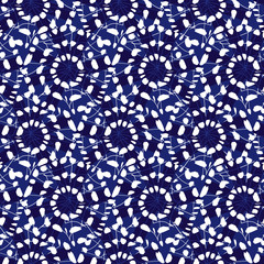 Vector blue shibori monochrome compact octagon wheels seamless pattern. Suitable for textile, gift wrap and wallpaper.